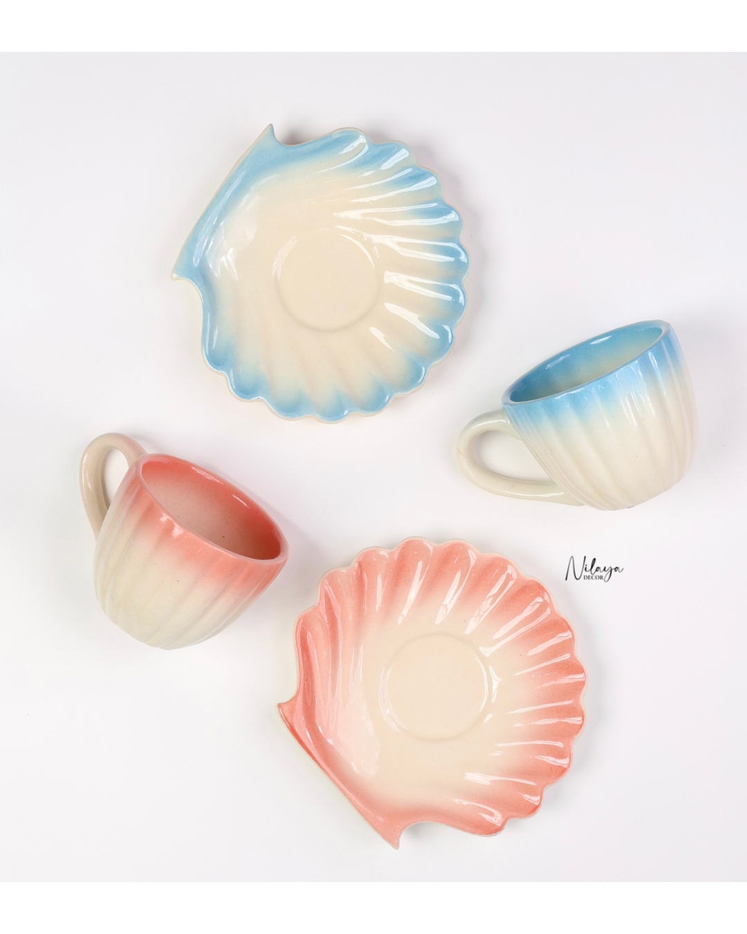 Ocean shell cup saucer set of 2 (Ombré Pink & Blue) - FLAT 33% OFF