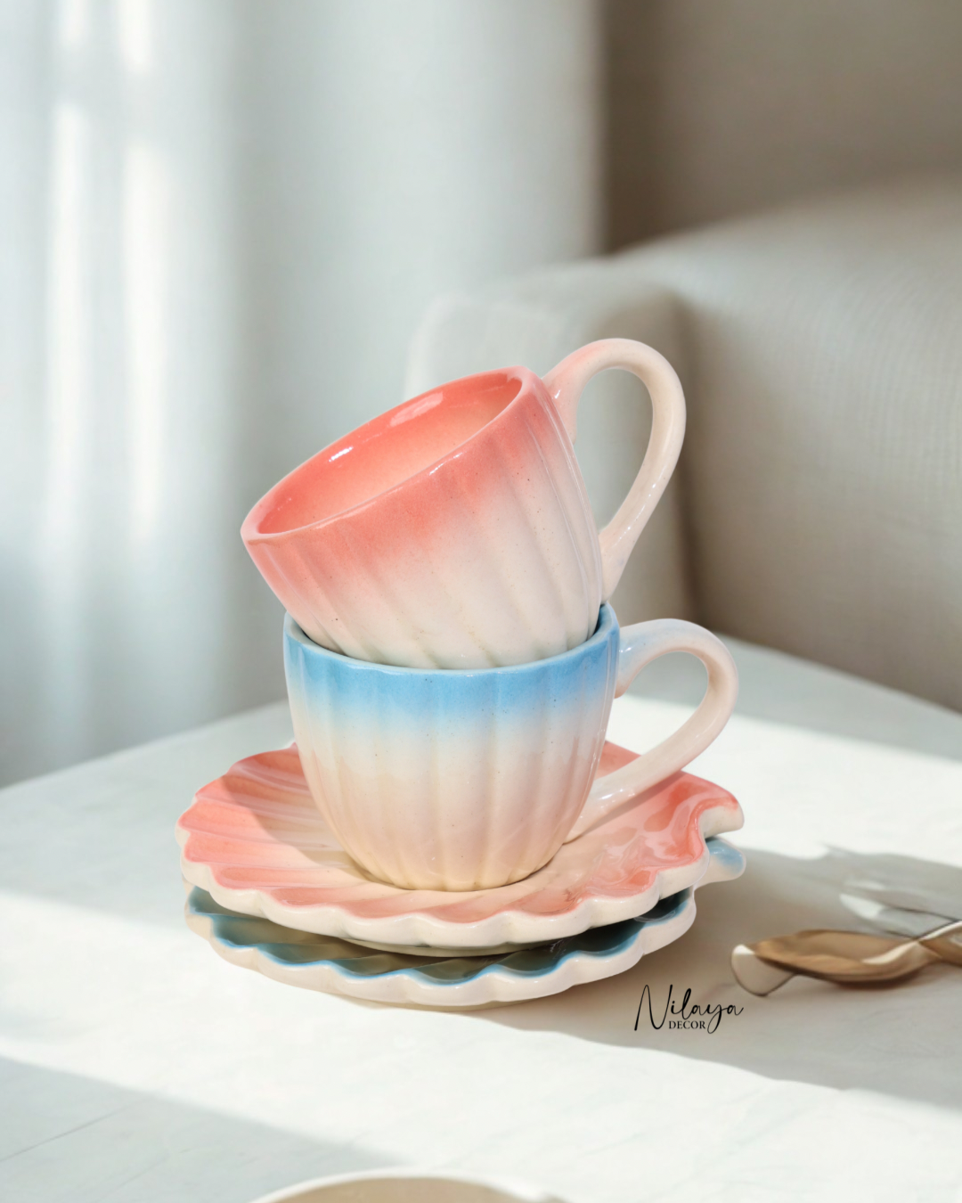 Ocean shell cup saucer set of 2 (Ombré Pink & Blue)