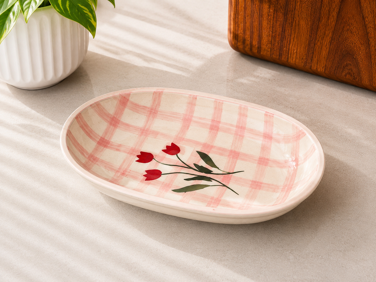 Oval pasta plate cum bowl - Gingham Pink