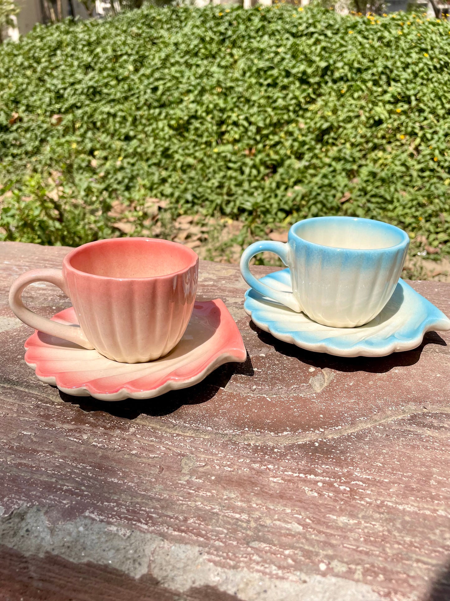 Ocean shell cup saucer set of 2 (Ombré Pink & Blue)