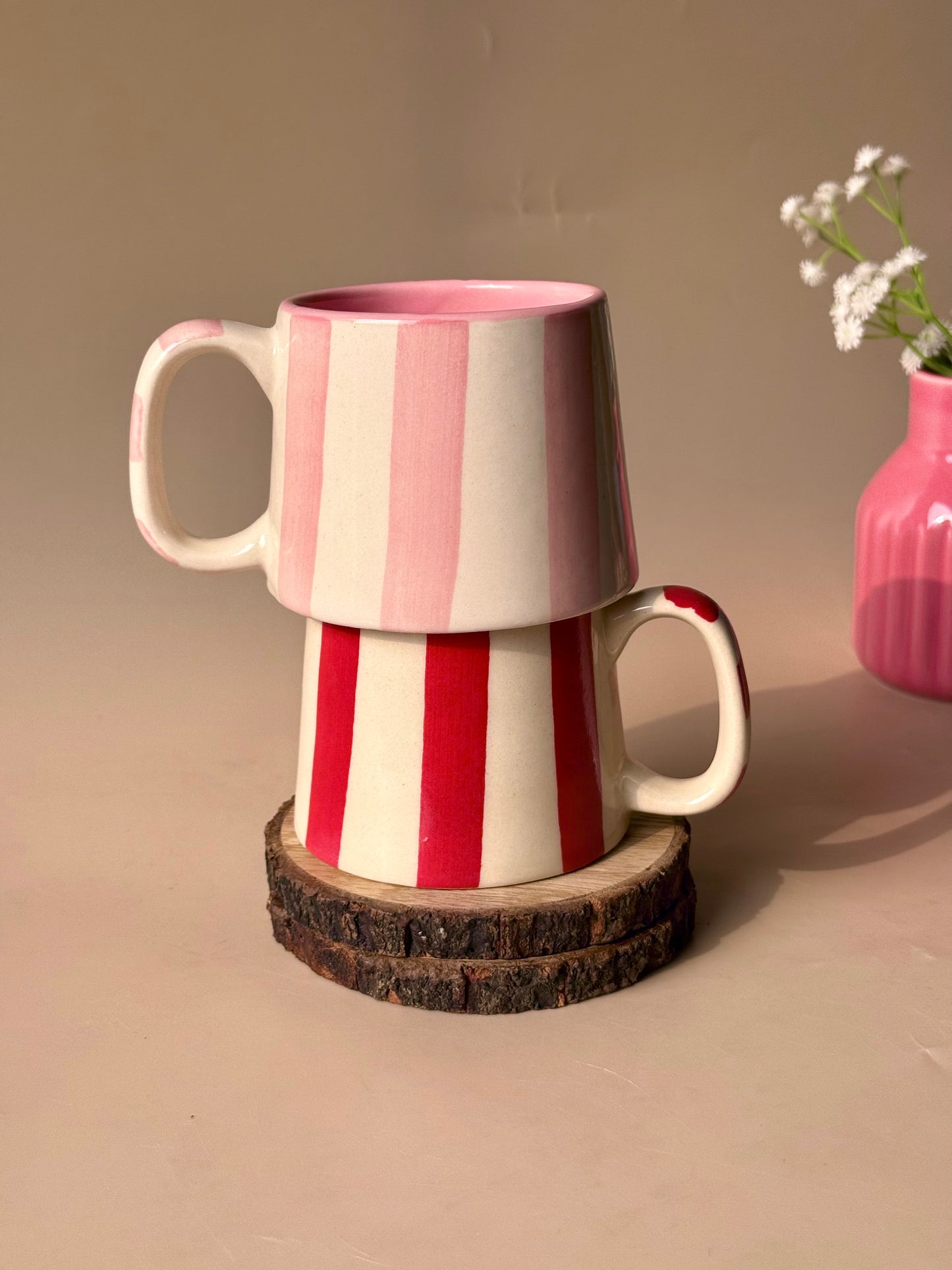 Candy stripe love mug (set of 2- pink & red)