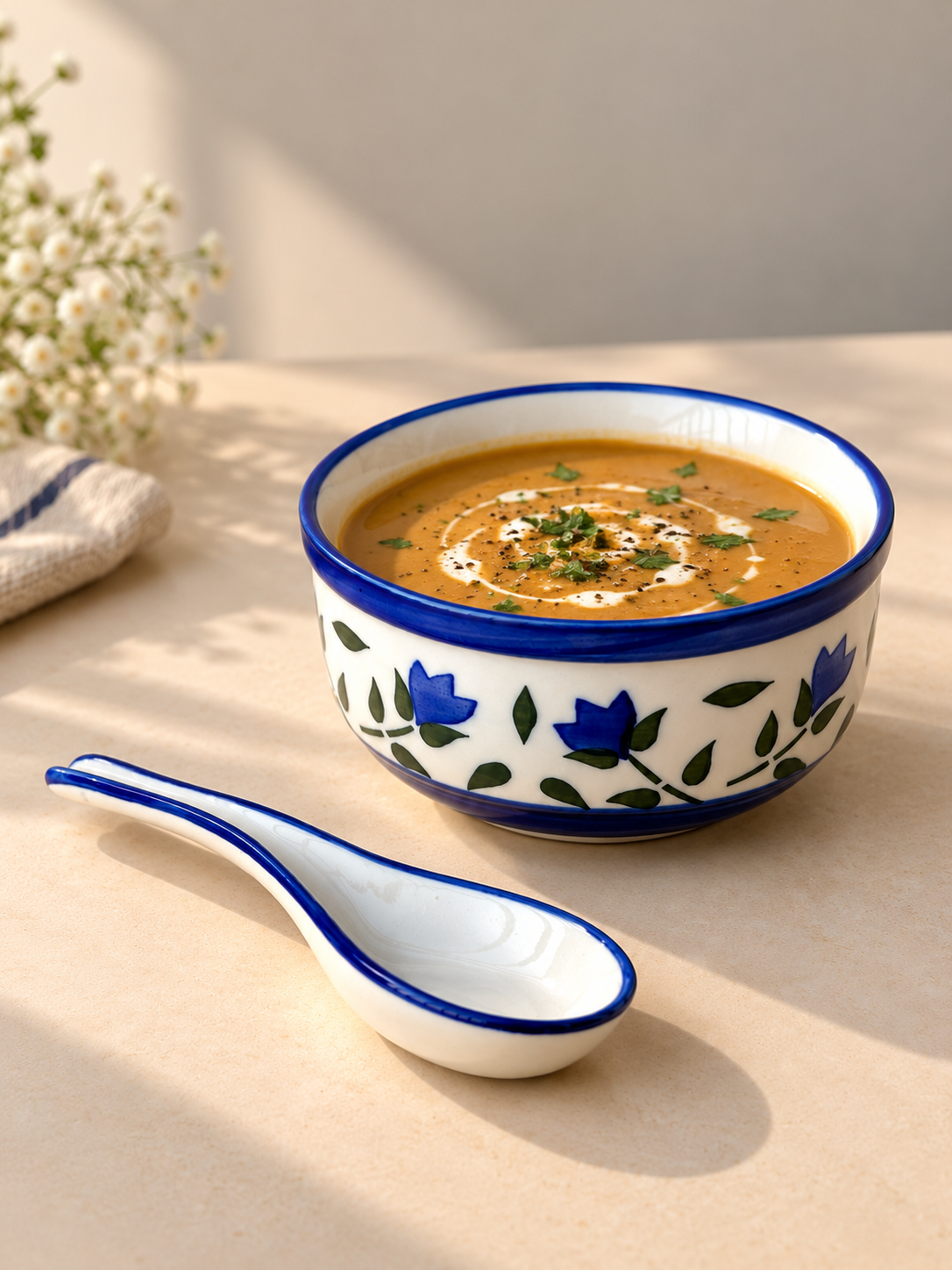 Bluebell soup bowl with spoon