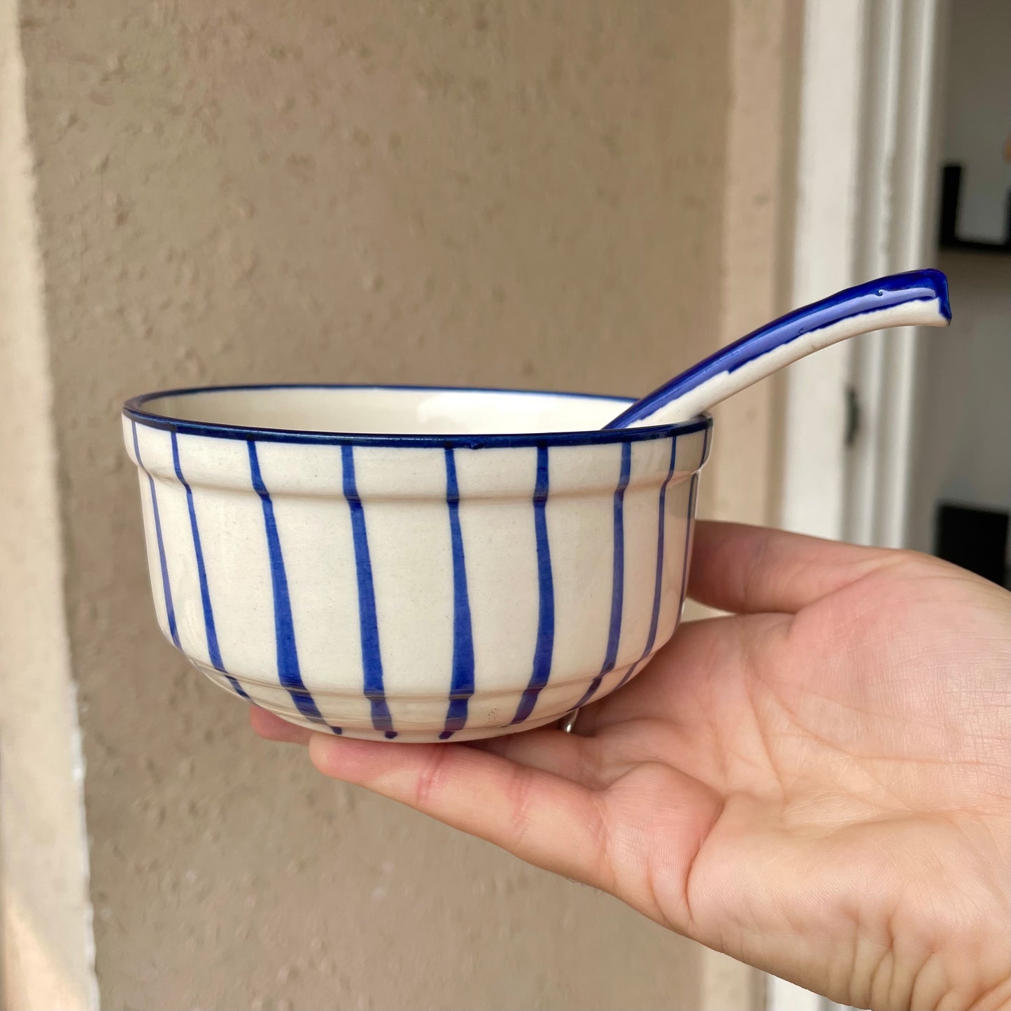 Blue stripes soup bowl with spoon