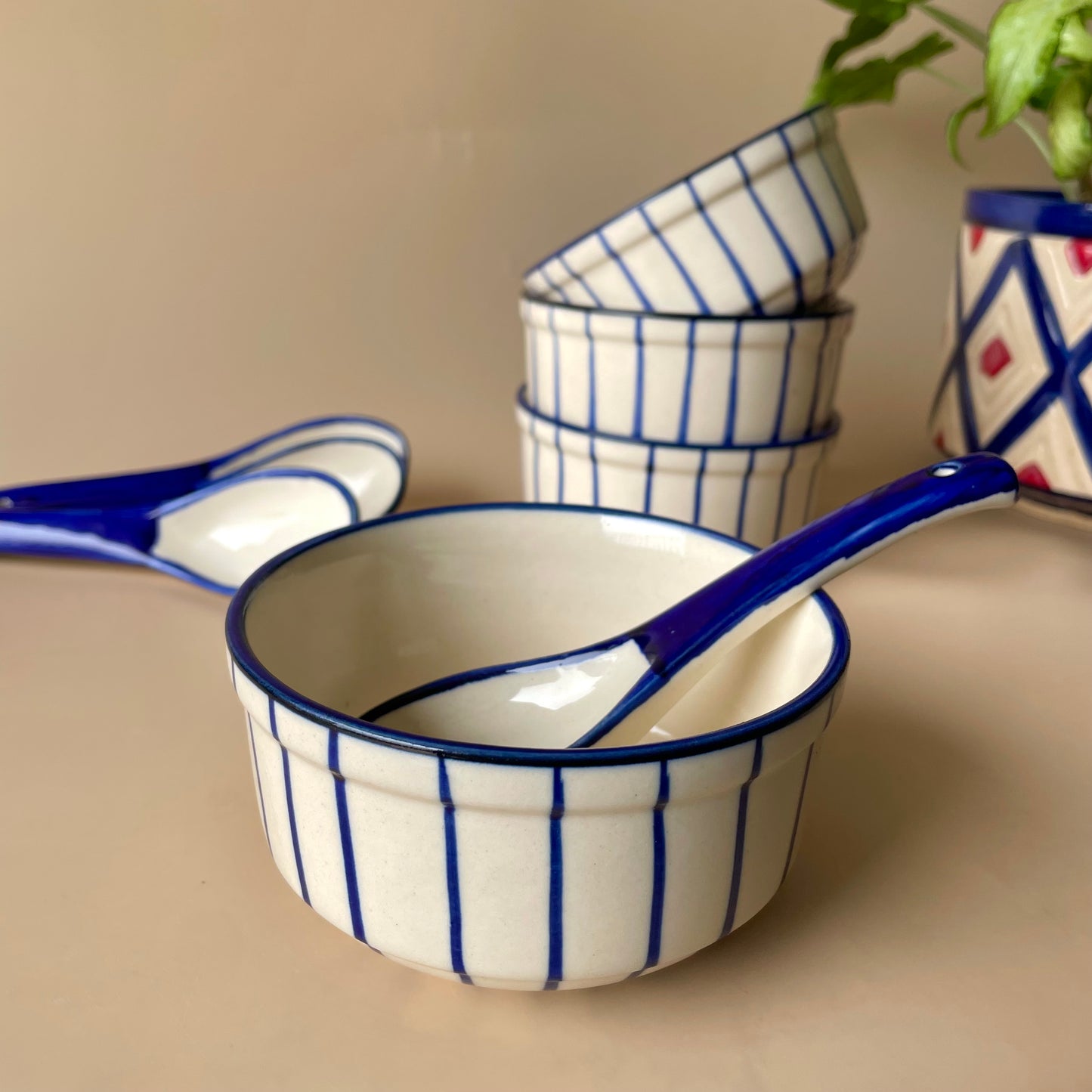 Blue stripes soup bowl with spoon