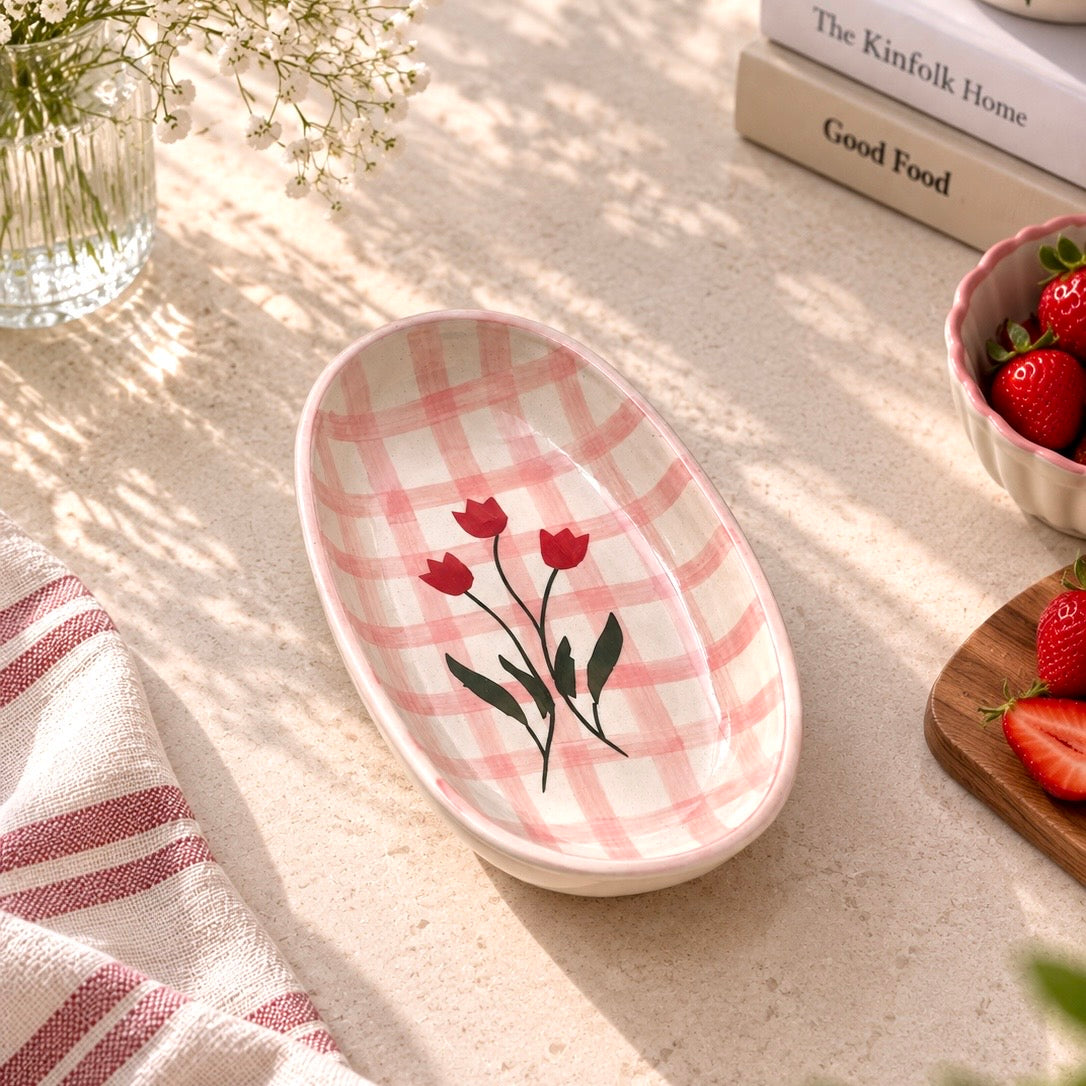Oval pasta plate cum bowl - Gingham Pink