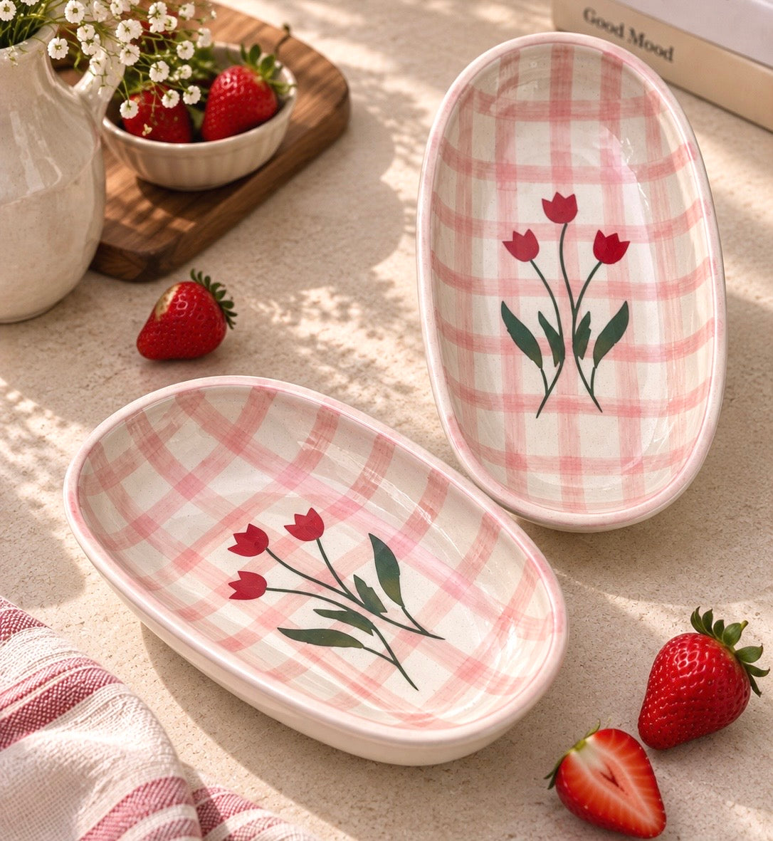 Oval pasta plate cum bowl - Gingham Pink
