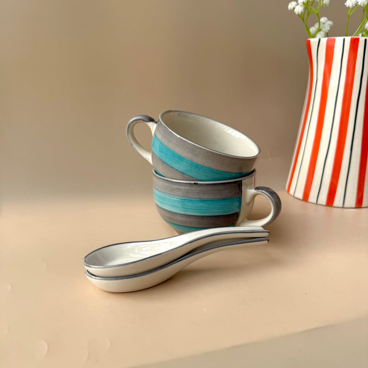 Green grey spiral soup cup with spoon