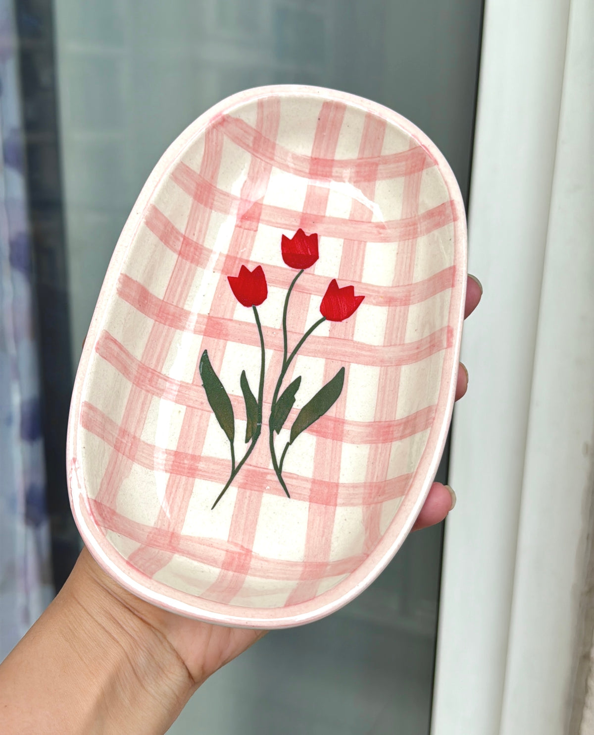 Oval pasta plate cum bowl - Gingham Pink