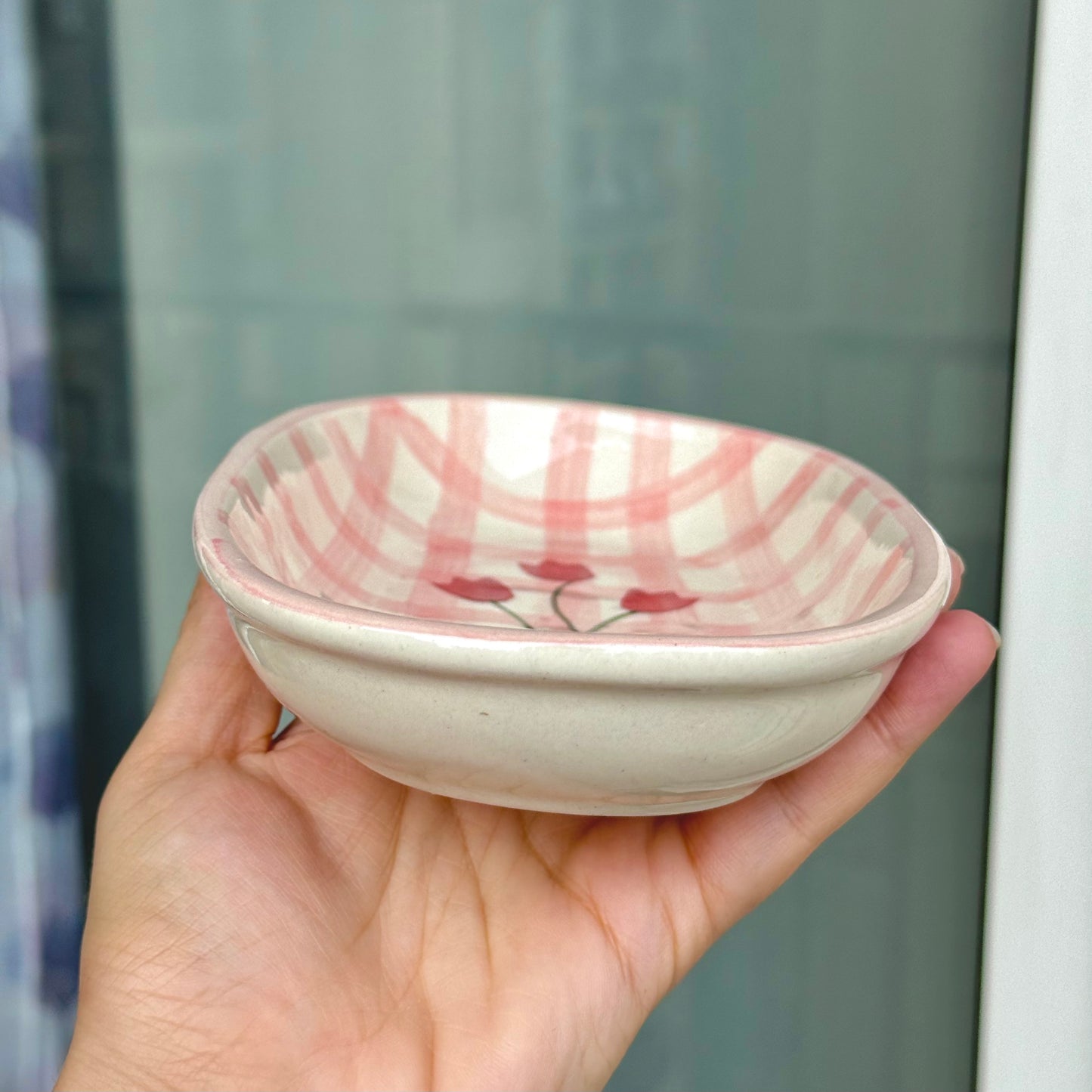 Oval pasta plate cum bowl - Gingham Pink