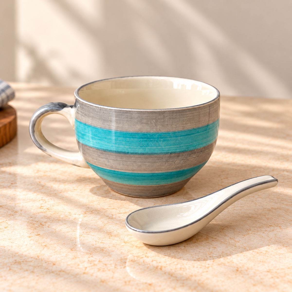Green grey spiral soup cup with spoon