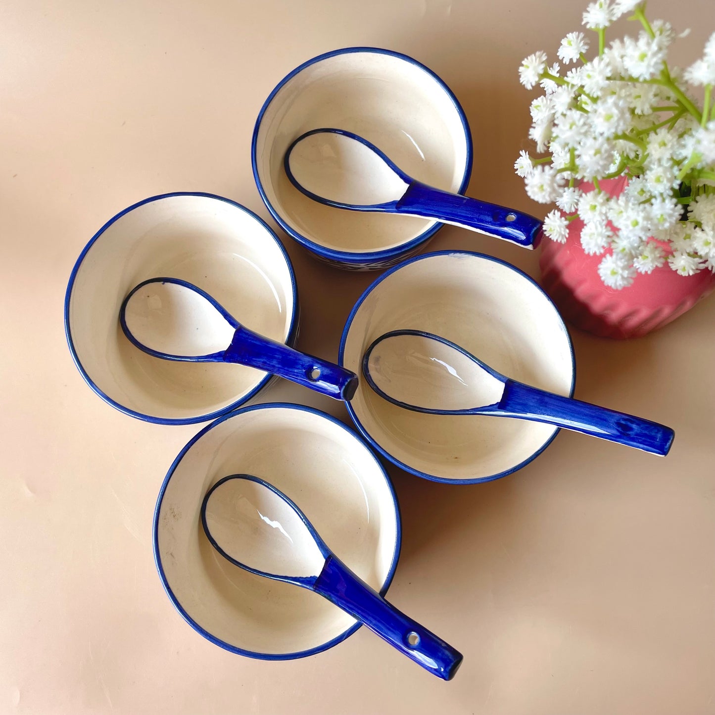 Blue leaf soup bowl with spoon