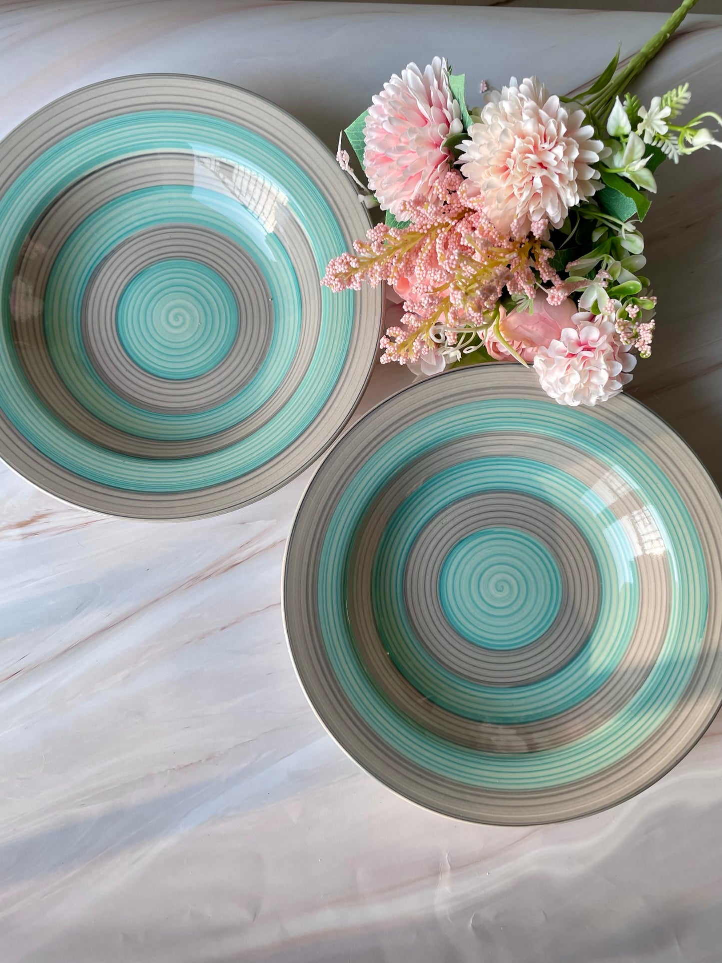 Green grey spiral pasta plate