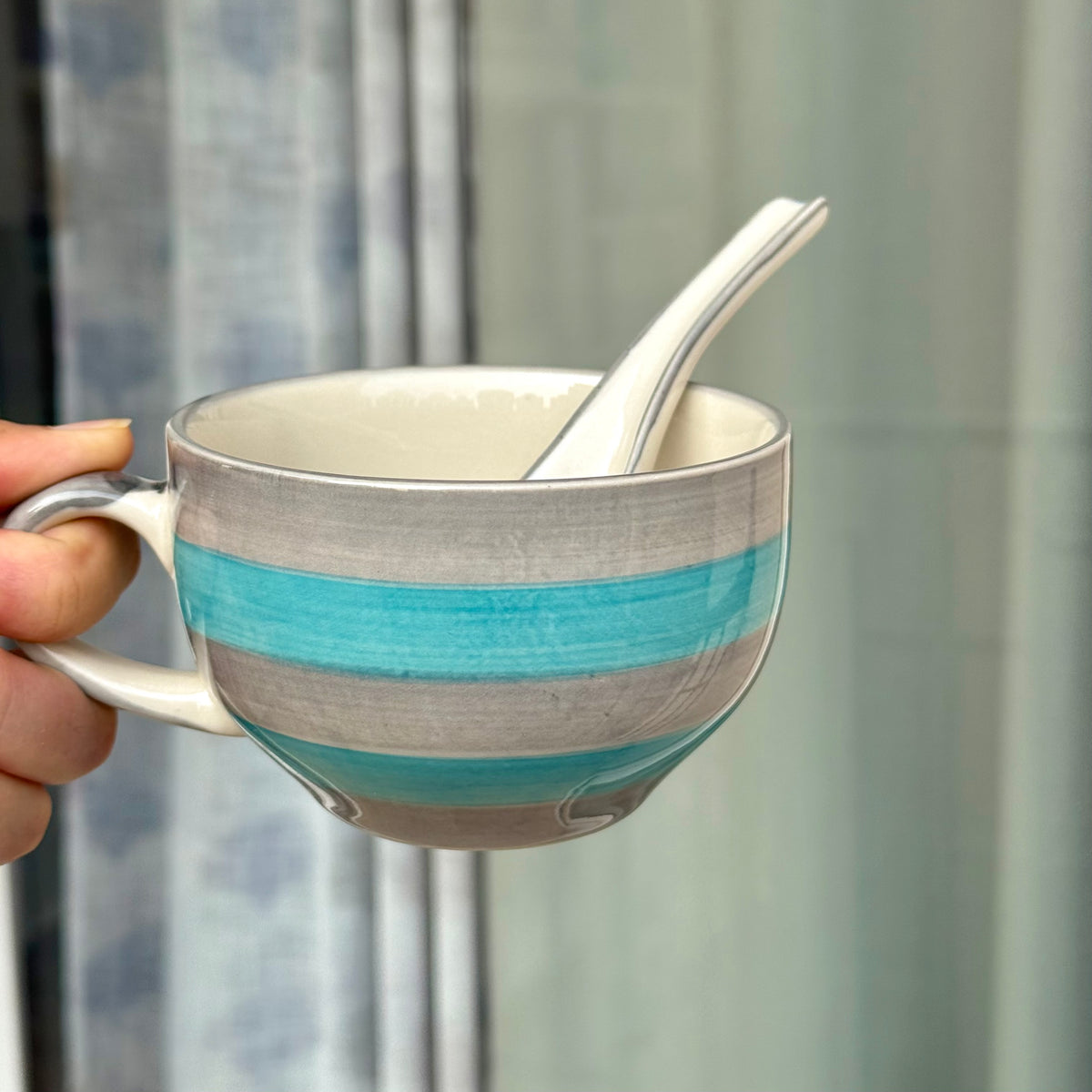 Green grey spiral soup cup with spoon